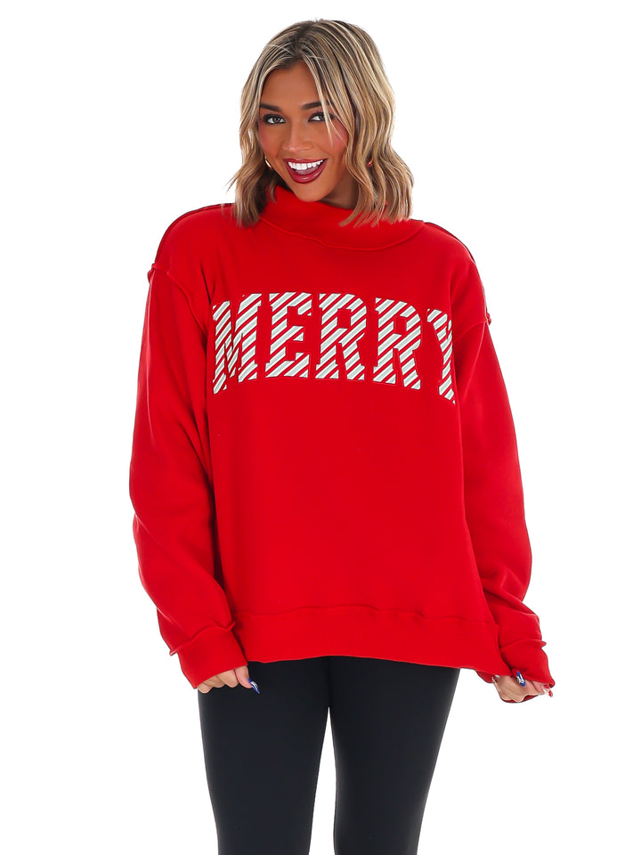 Merry Embroidered Mock Neck Sweatshirt