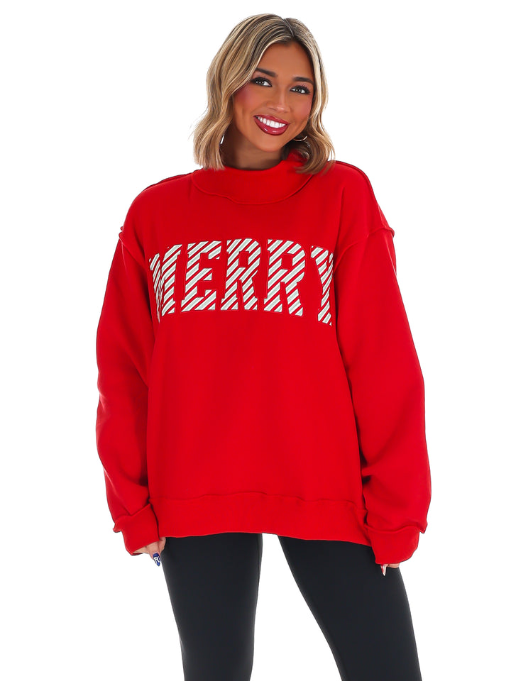 Merry Embroidered Mock Neck Sweatshirt