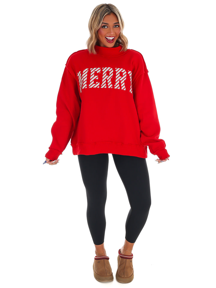 Merry Embroidered Mock Neck Sweatshirt