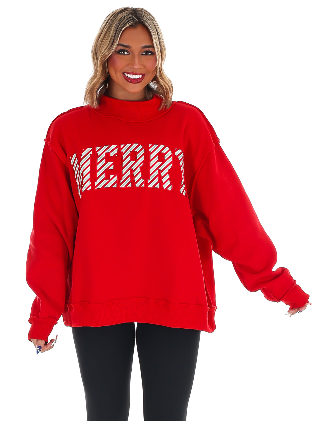 Merry Embroidered Mock Neck Sweatshirt