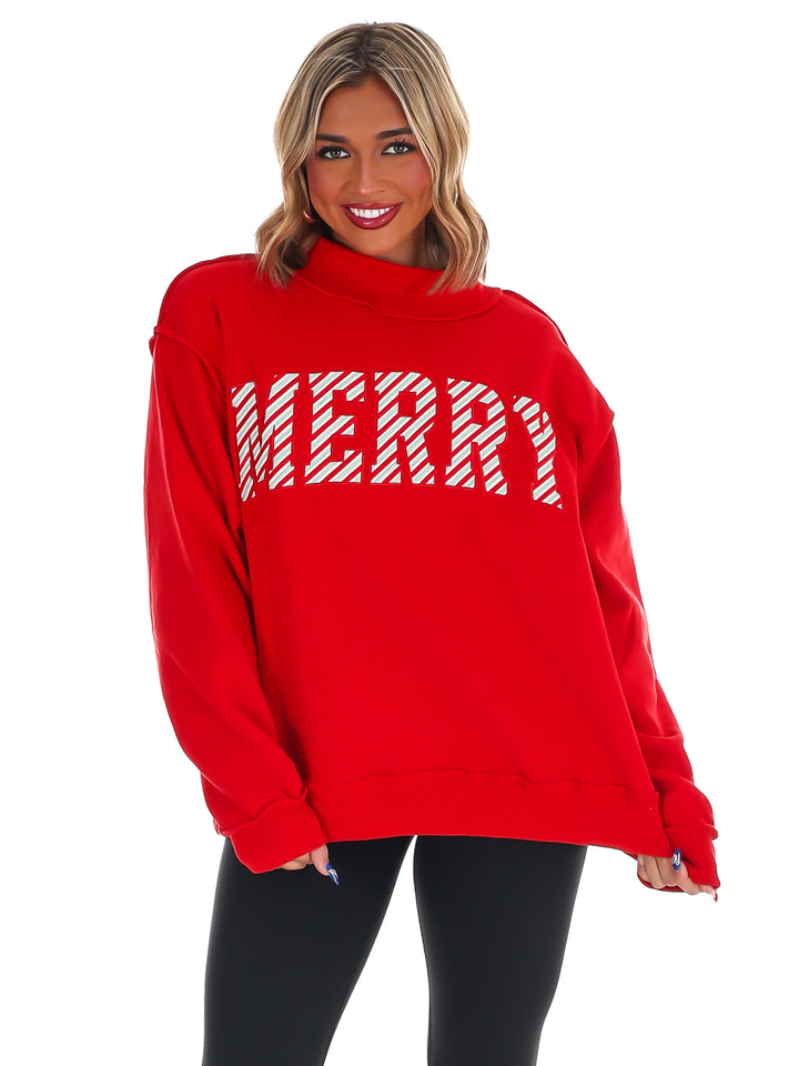 Merry Embroidered Mock Neck Sweatshirt