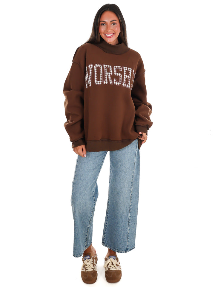 Gingham Embroidered Worship Mock Neck Sweatshirt