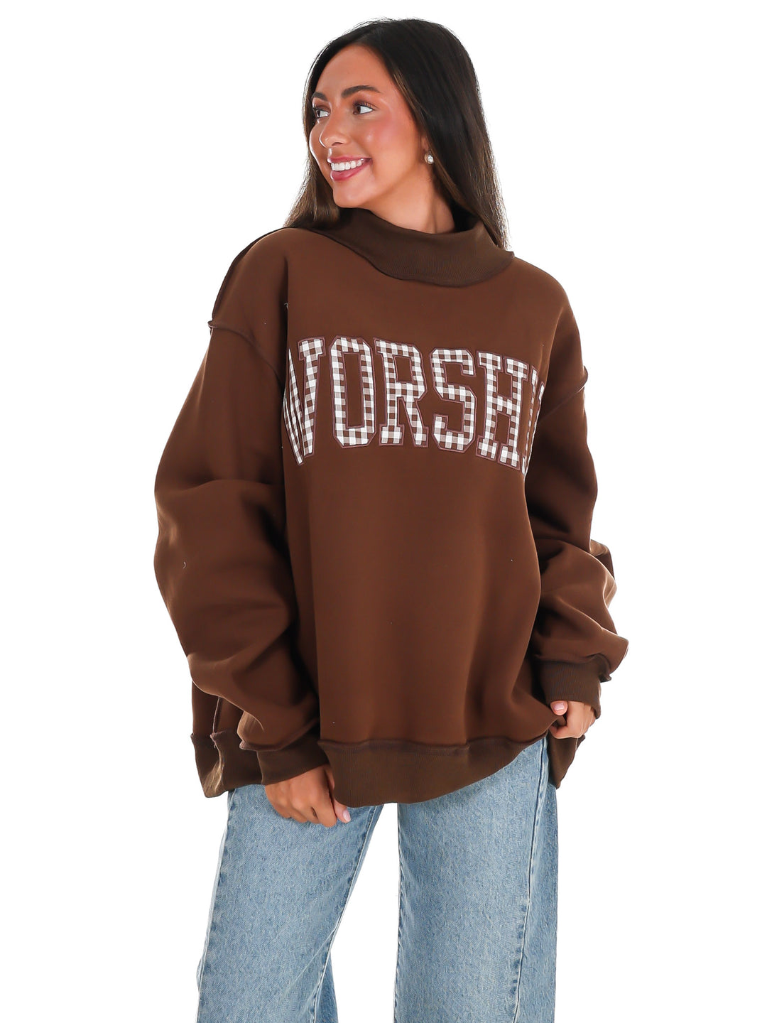Gingham Embroidered Worship Mock Neck Sweatshirt