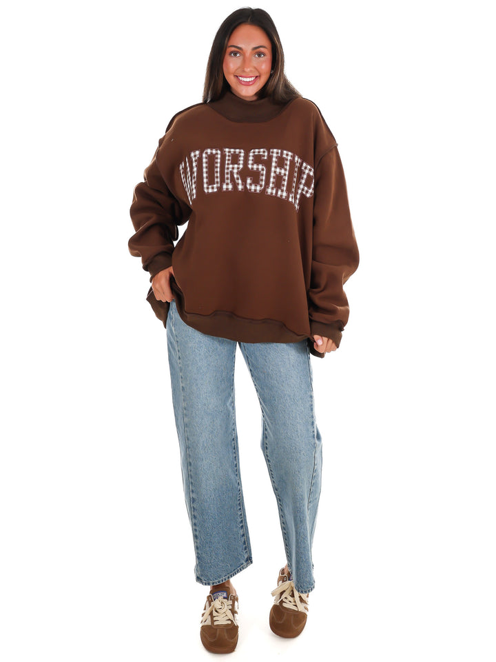 Gingham Embroidered Worship Mock Neck Sweatshirt