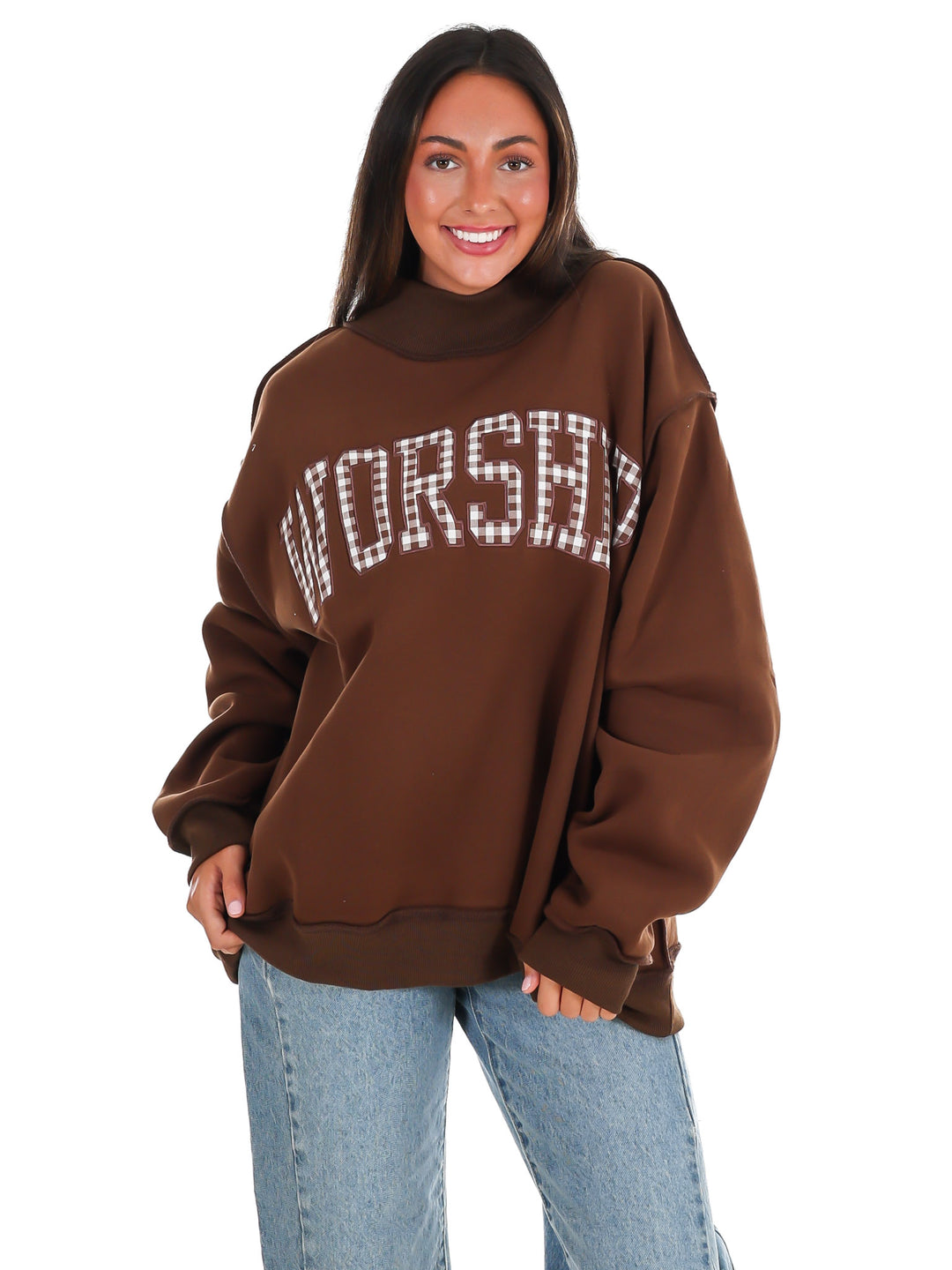 Gingham Embroidered Worship Mock Neck Sweatshirt