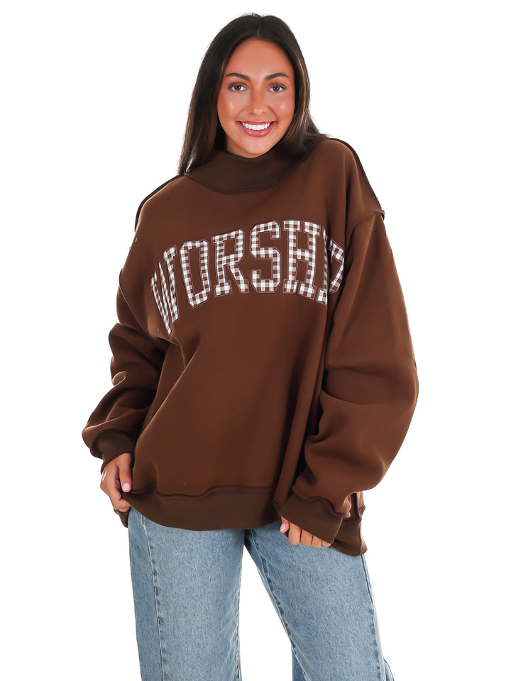 Gingham Embroidered Worship Mock Neck Sweatshirt