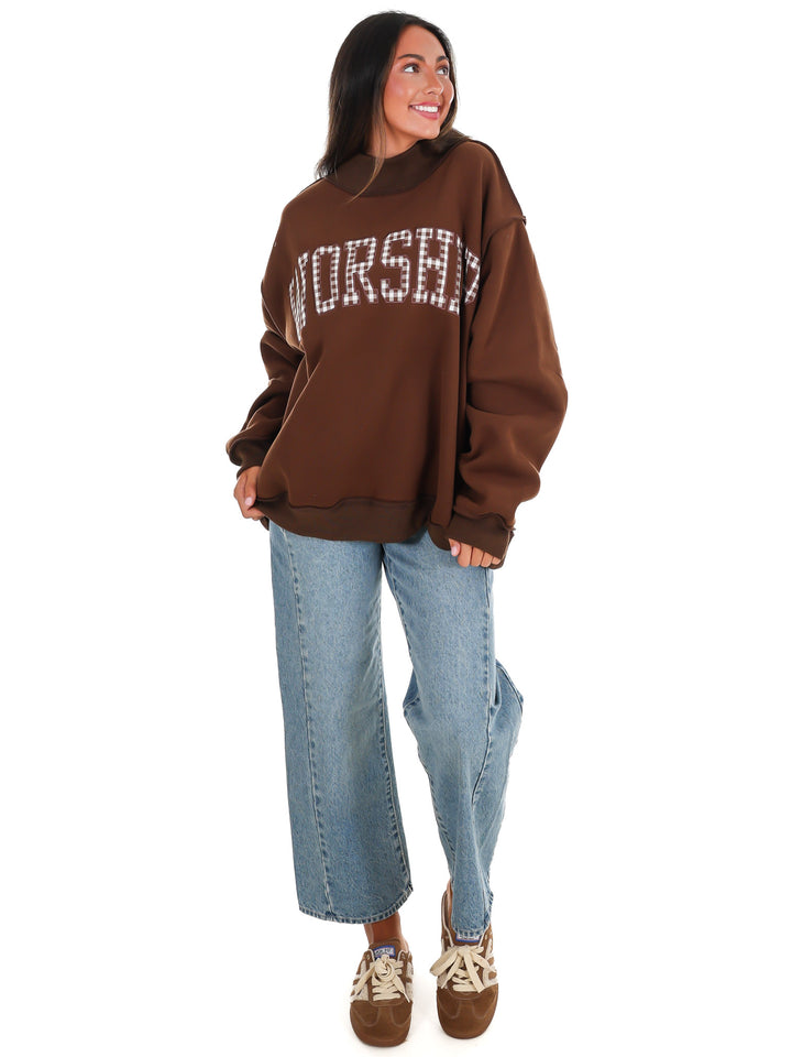 Gingham Embroidered Worship Mock Neck Sweatshirt