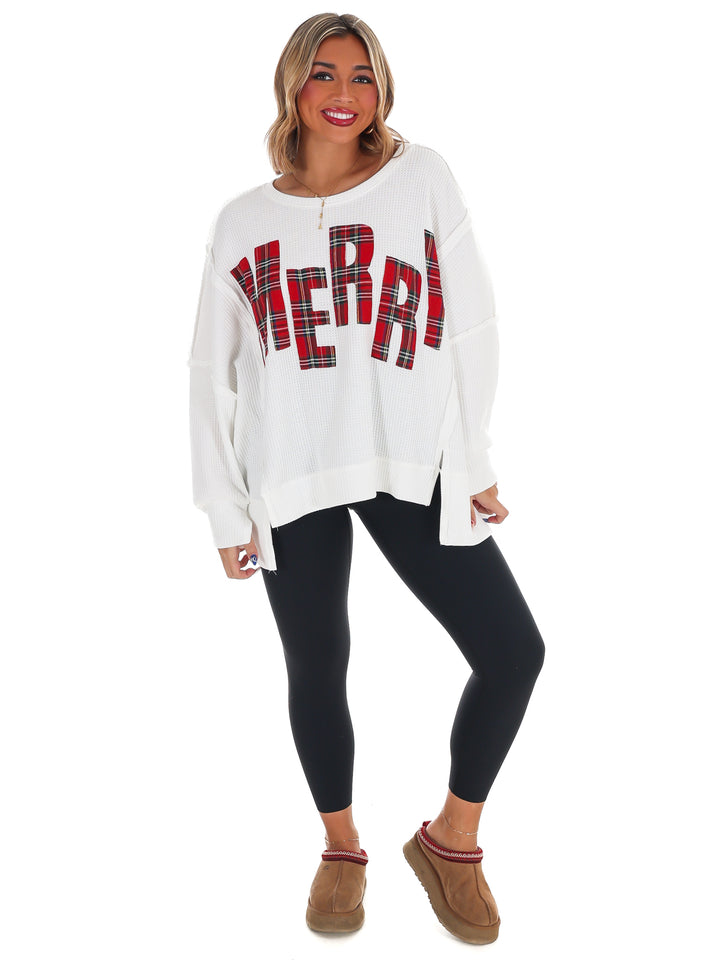 Christmas Plaid Merry Waffle Knit Pullover