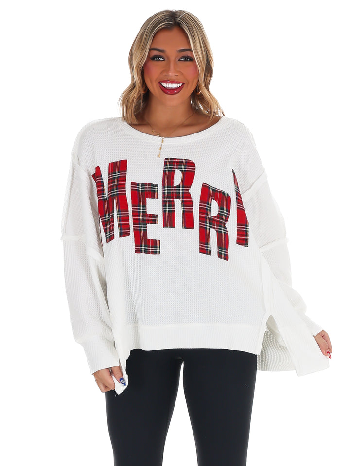 Christmas Plaid Merry Waffle Knit Pullover