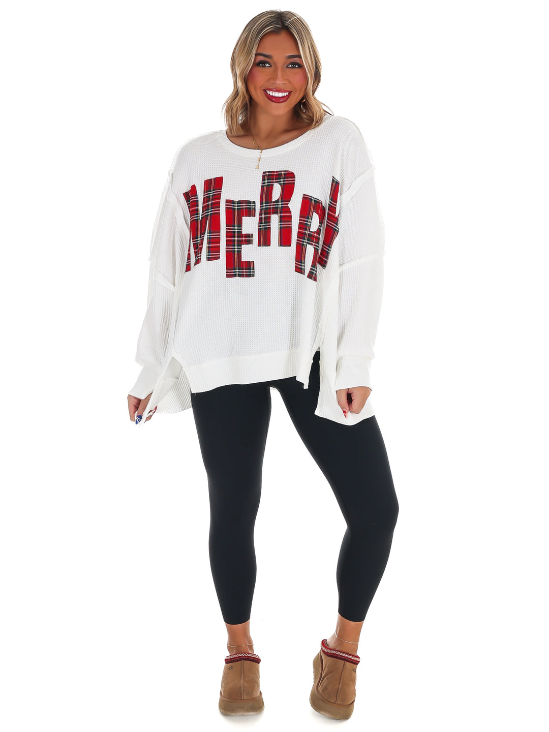 Christmas Plaid Merry Waffle Knit Pullover