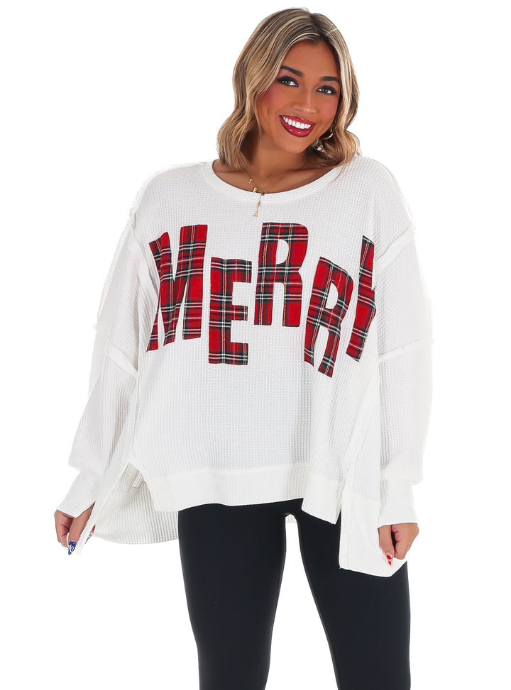 Christmas Plaid Merry Waffle Knit Pullover