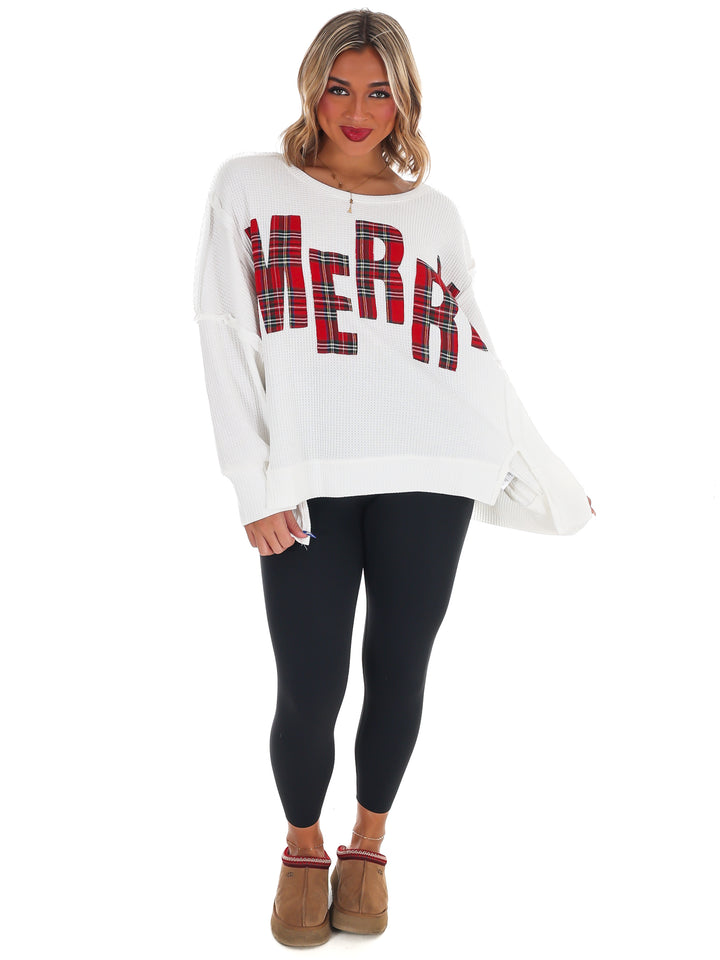 Christmas Plaid Merry Waffle Knit Pullover