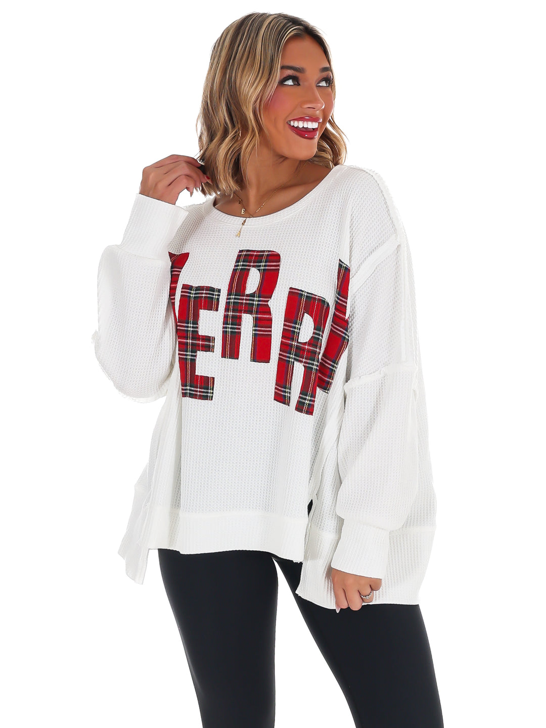 Christmas Plaid Merry Waffle Knit Pullover