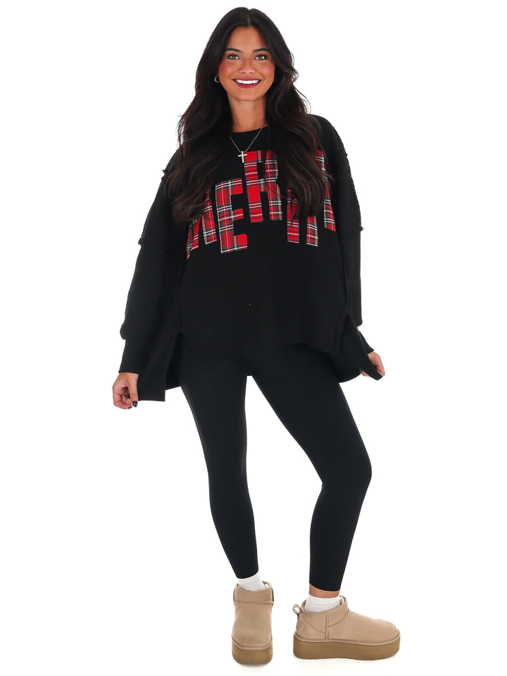 Christmas Plaid Merry Waffle Knit Pullover