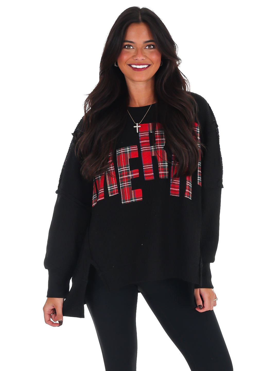 Christmas Plaid Merry Waffle Knit Pullover