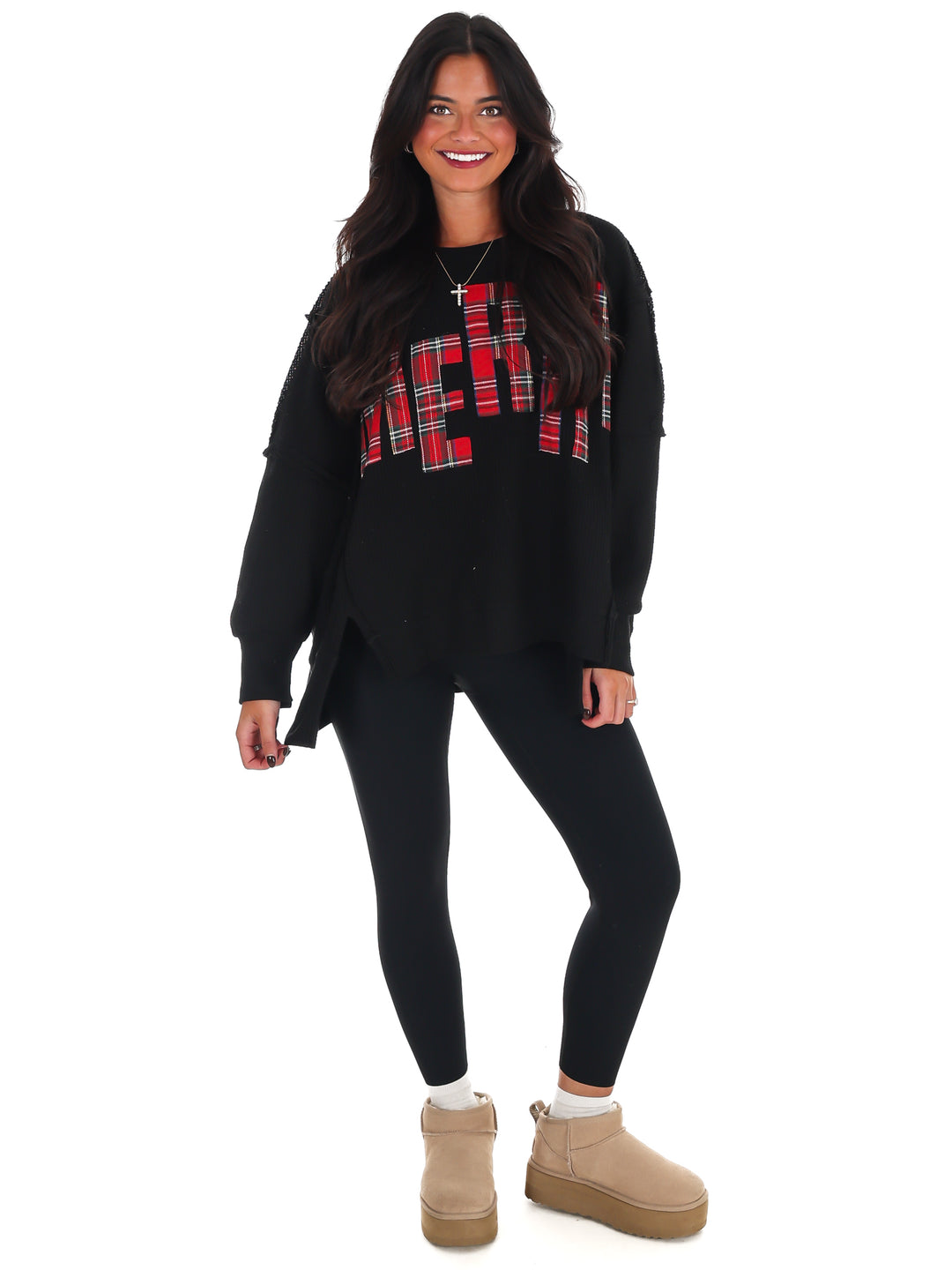 Christmas Plaid Merry Waffle Knit Pullover