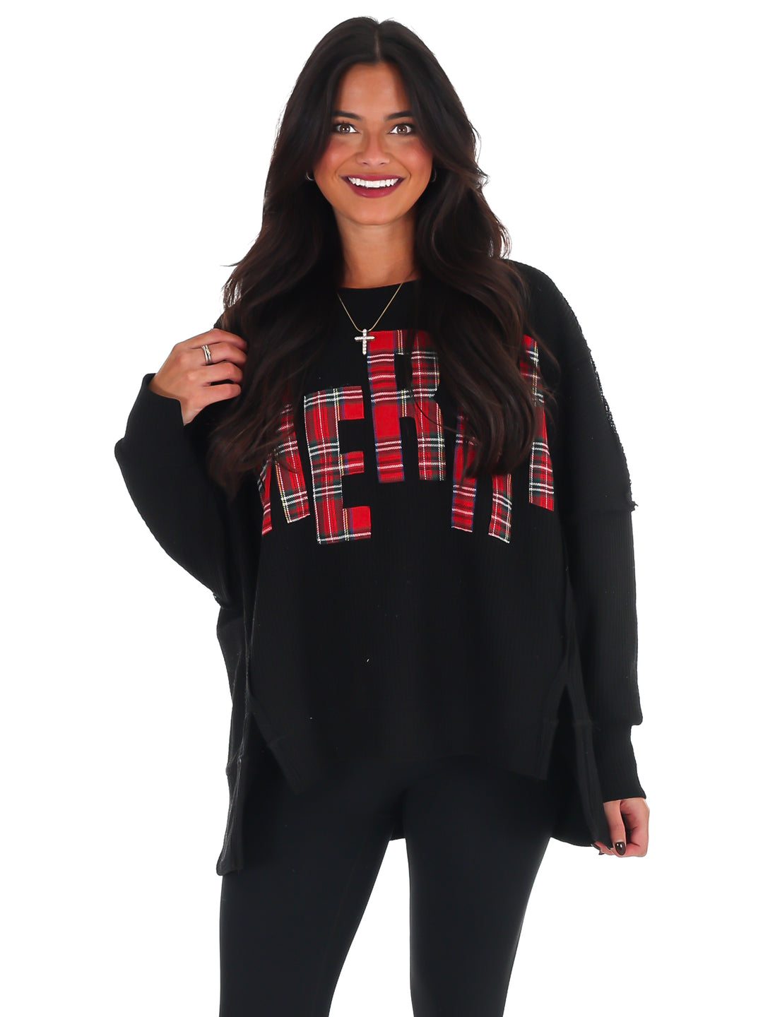 Christmas Plaid Merry Waffle Knit Pullover
