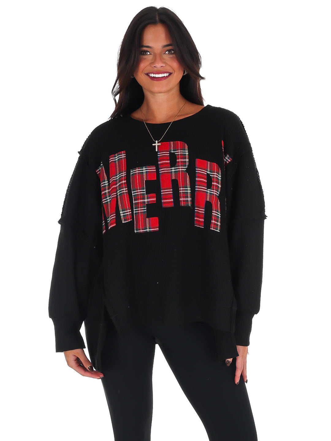 Christmas Plaid Merry Waffle Knit Pullover