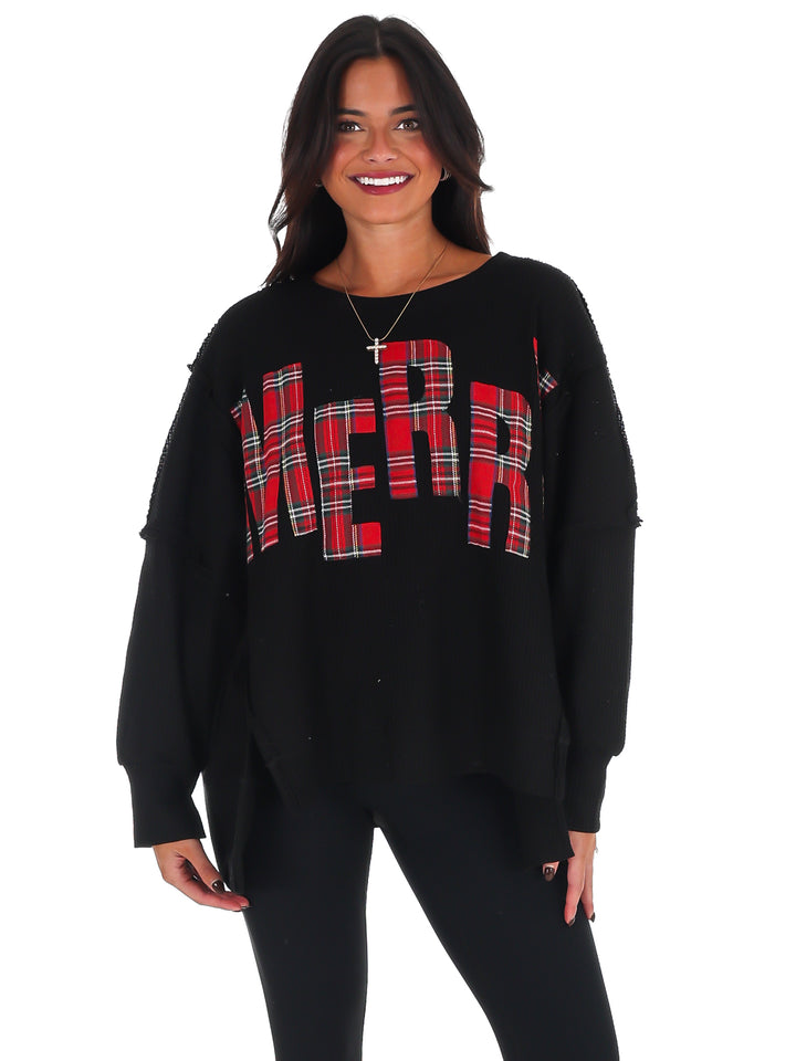 Christmas Plaid Merry Waffle Knit Pullover