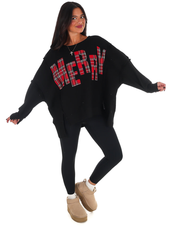 Christmas Plaid Merry Waffle Knit Pullover