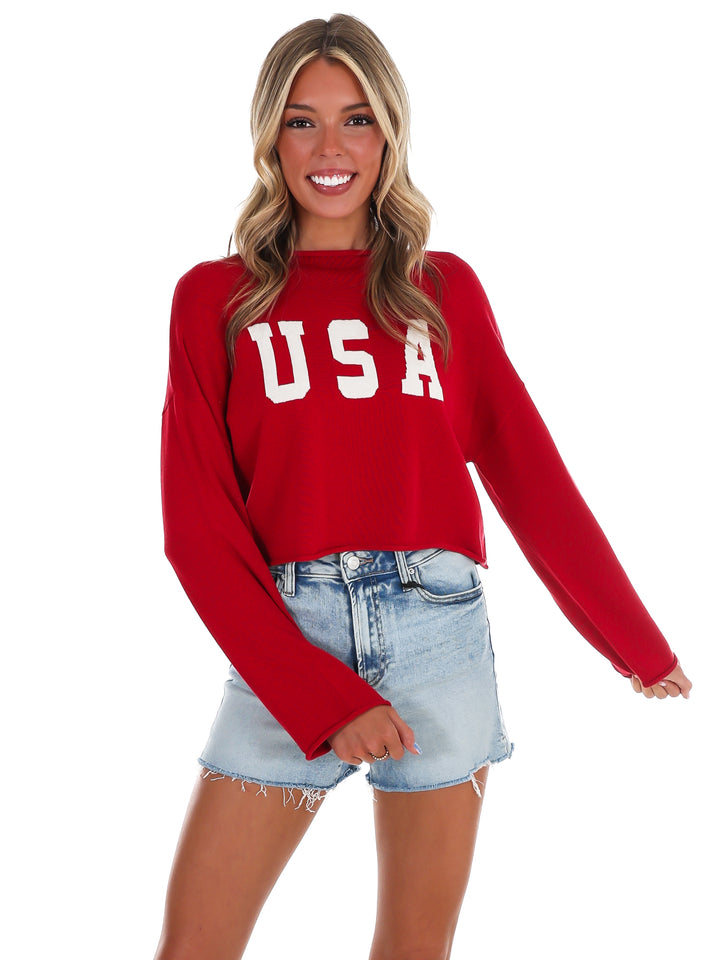 Varsity USA Mock Neck Crop Sweater