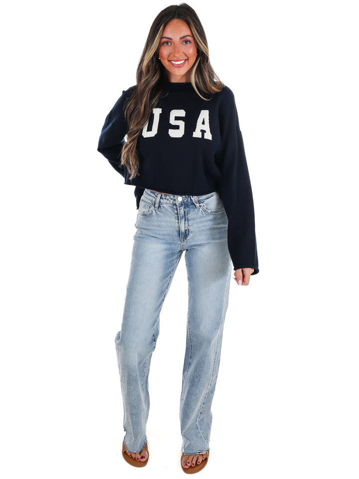 Varsity USA Mock Neck Crop Sweater