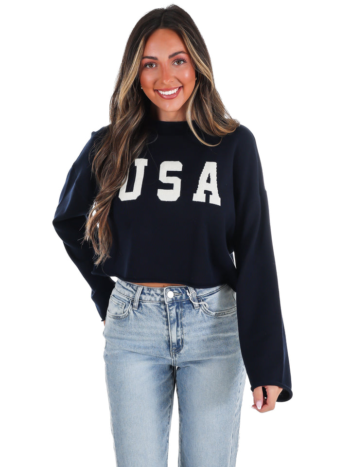Varsity USA Mock Neck Crop Sweater