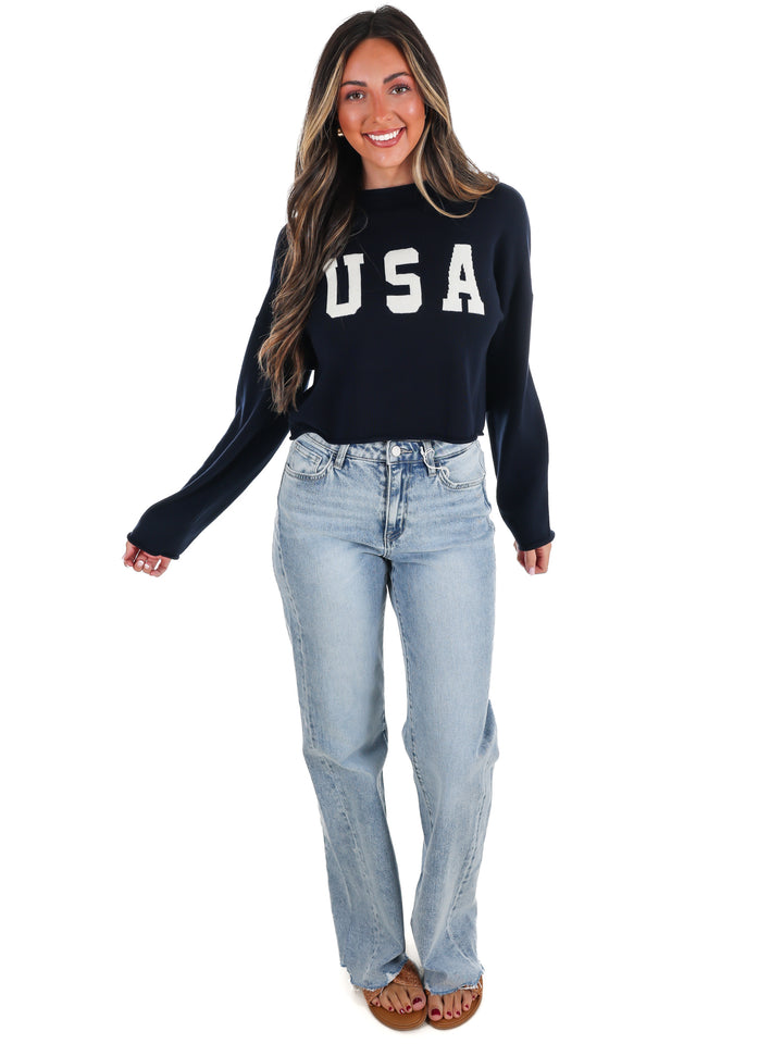 Varsity USA Mock Neck Crop Sweater