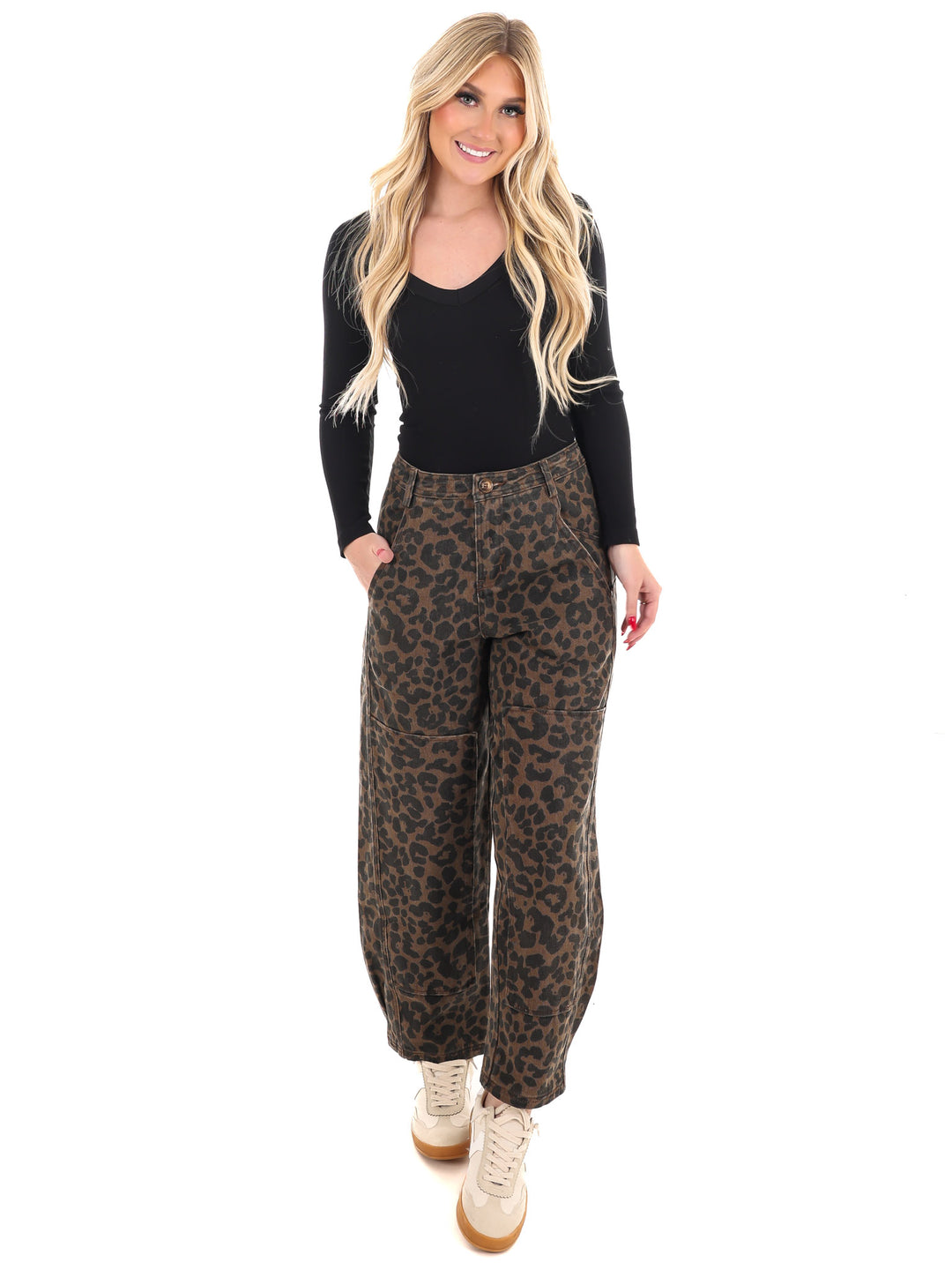 Never Stray Leopard Mid Rise Barrel Jeans