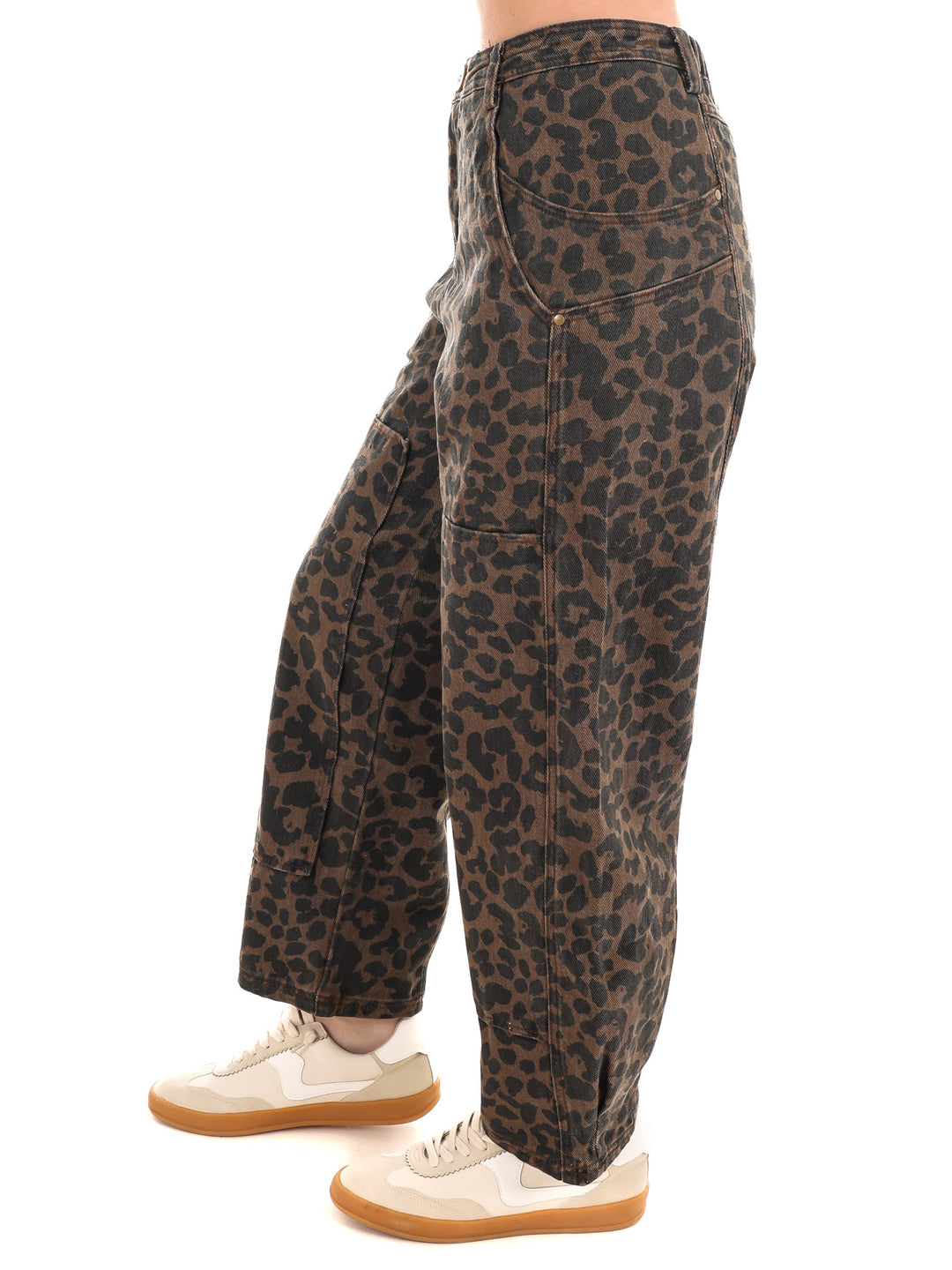 Never Stray Leopard Mid Rise Barrel Jeans