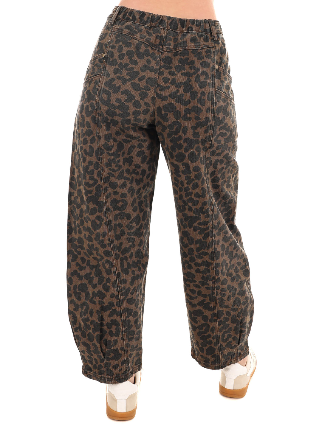 Never Stray Leopard Mid Rise Barrel Jeans