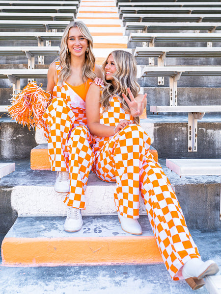 Orange & White Checkered Game Bibs – Josie's Boutique