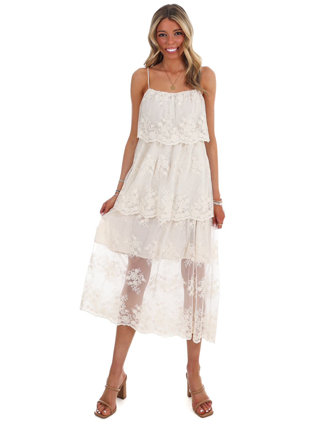 Heirloom Floral Tiered Lace Midi Dress