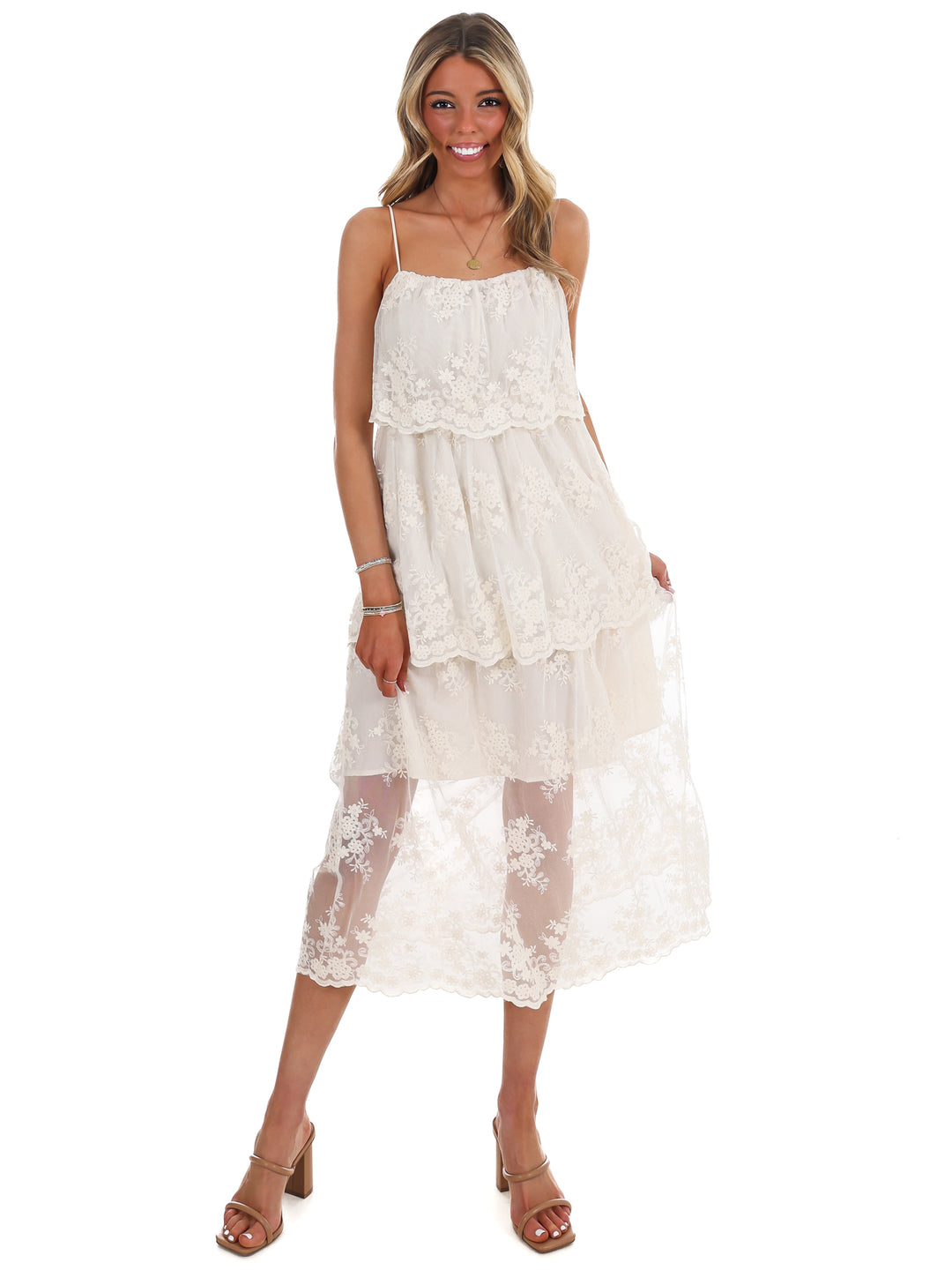 Heirloom Floral Tiered Lace Midi Dress