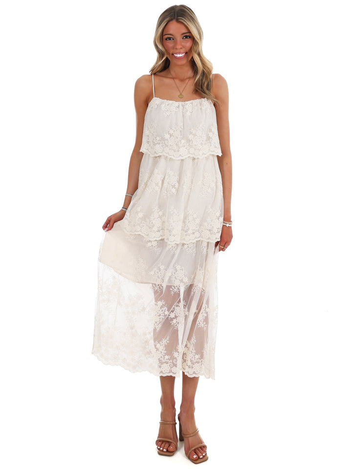 Heirloom Floral Tiered Lace Midi Dress
