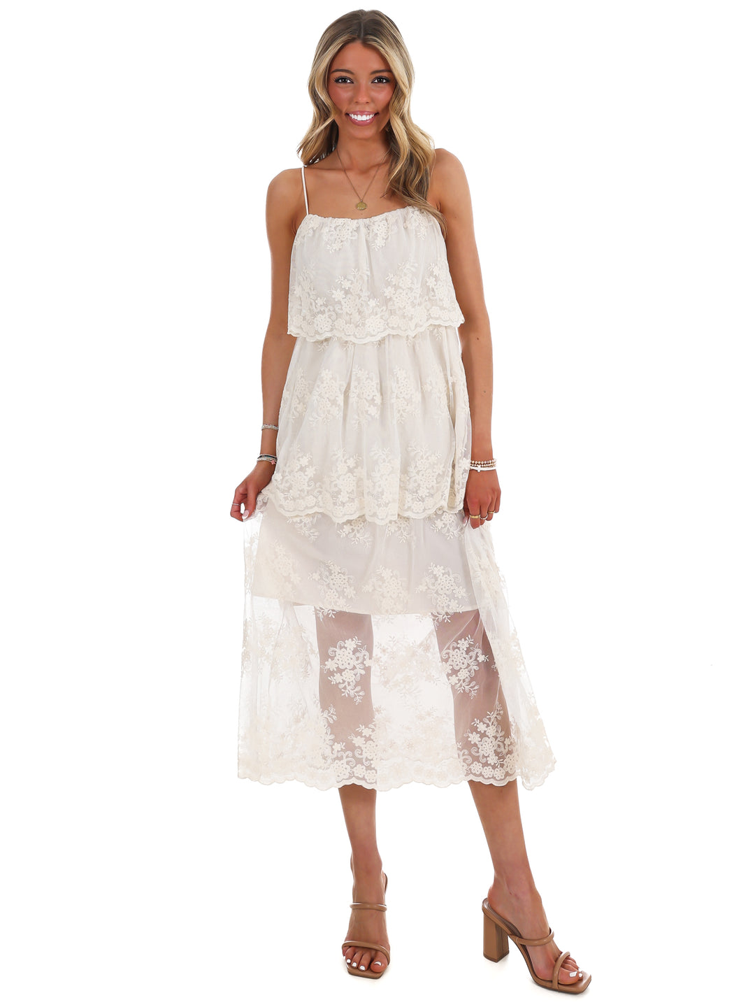 Heirloom Floral Tiered Lace Midi Dress