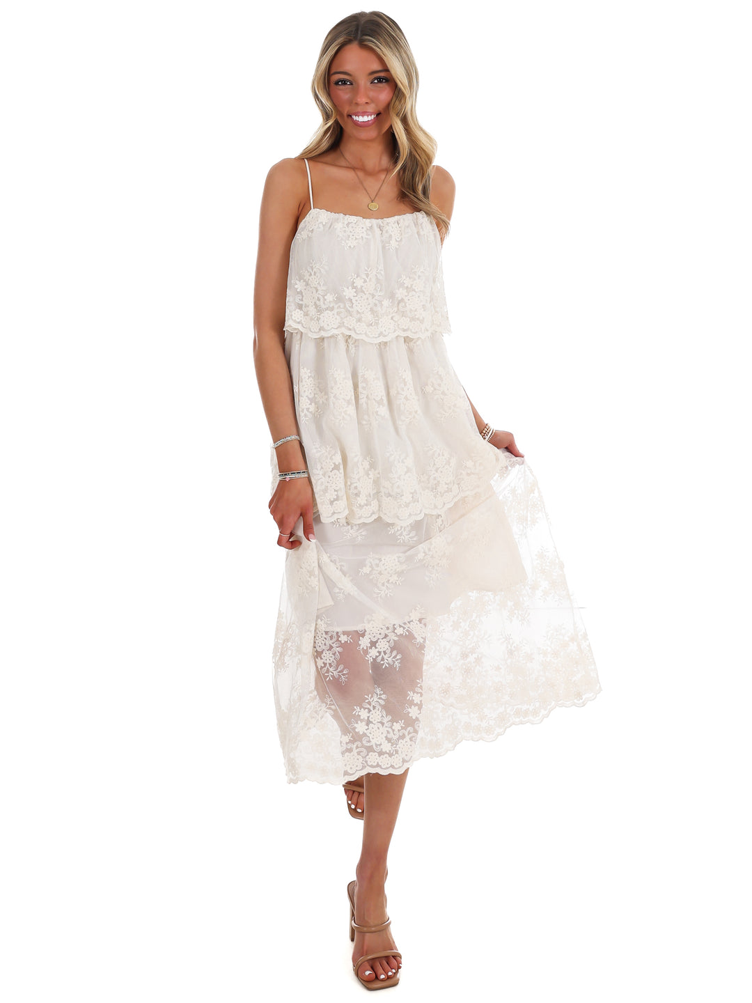 Heirloom Floral Tiered Lace Midi Dress