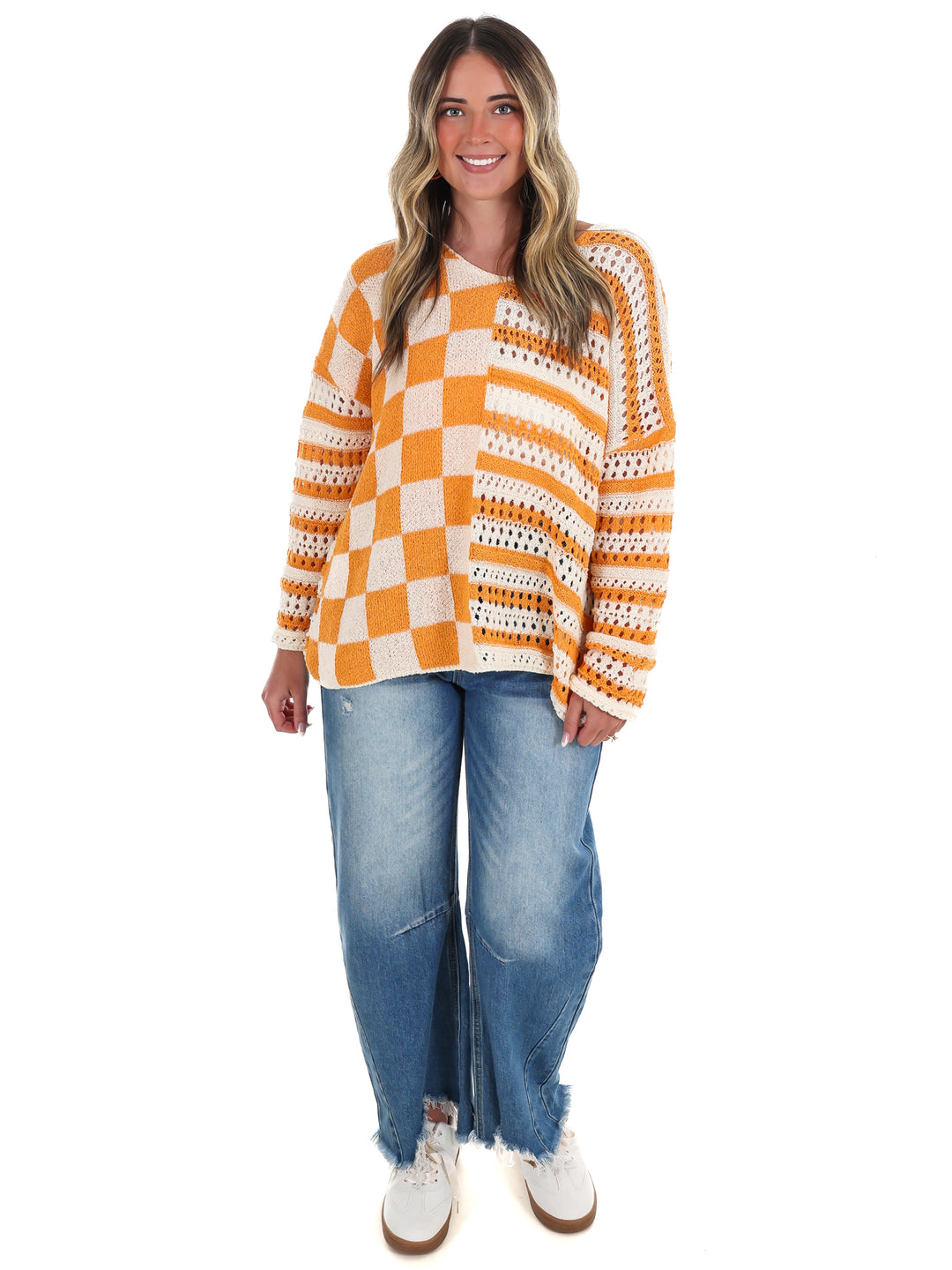 Stripe & Check Crochet Sweater