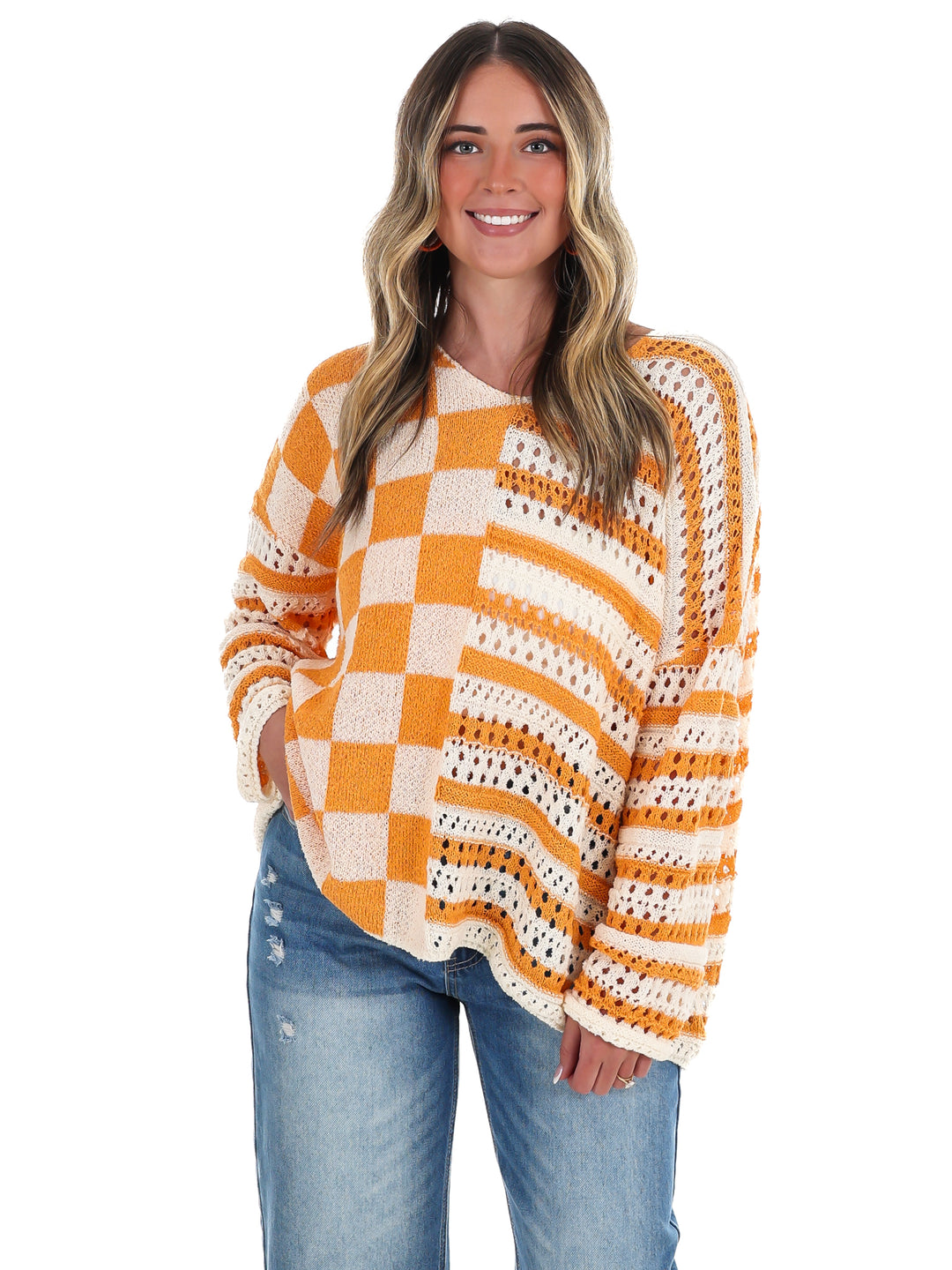 Stripe & Check Crochet Sweater