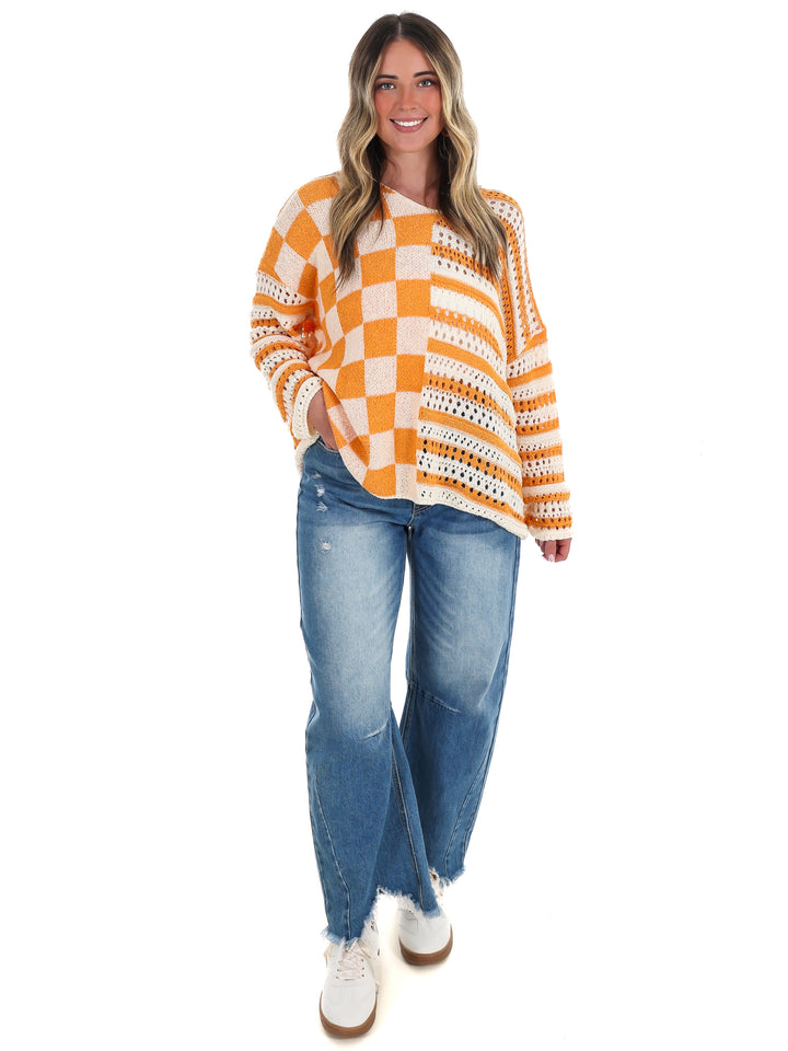 Stripe & Check Crochet Sweater