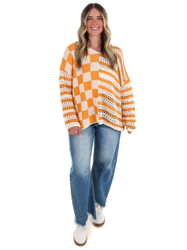 Stripe & Check Crochet Sweater