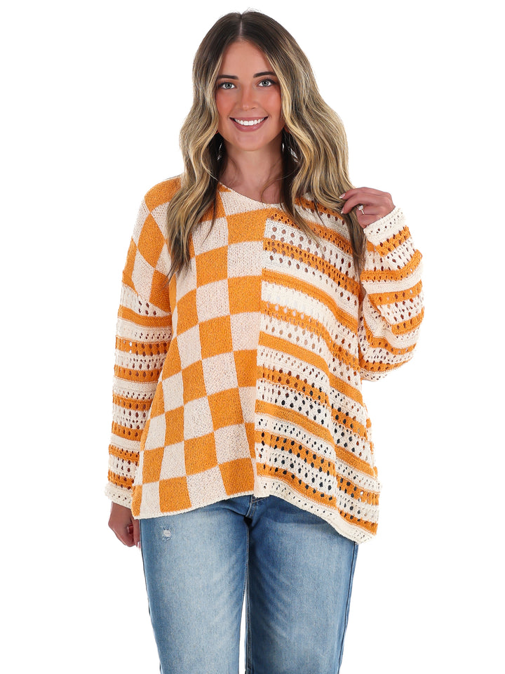 Stripe & Check Crochet Sweater