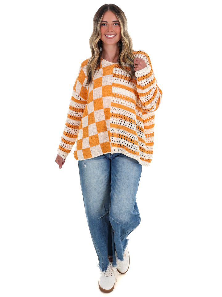 Stripe & Check Crochet Sweater