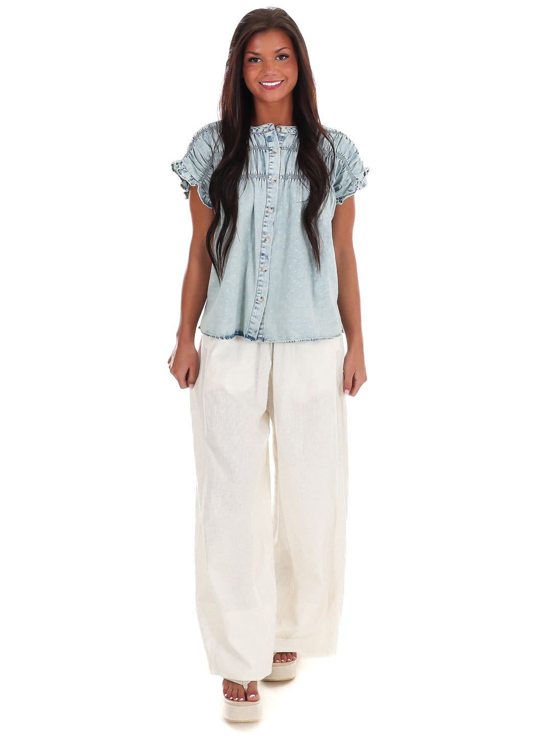 Soft Skies Ruffle Denim Top