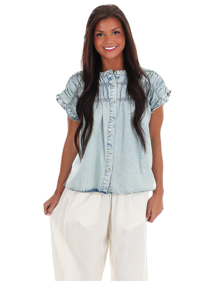 Soft Skies Ruffle Denim Top