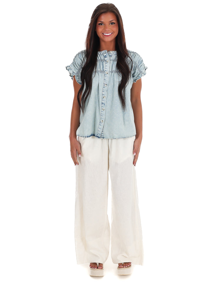 Soft Skies Ruffle Denim Top