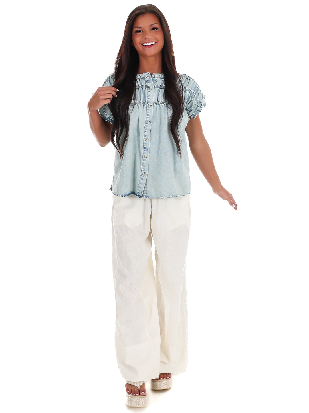 Soft Skies Ruffle Denim Top