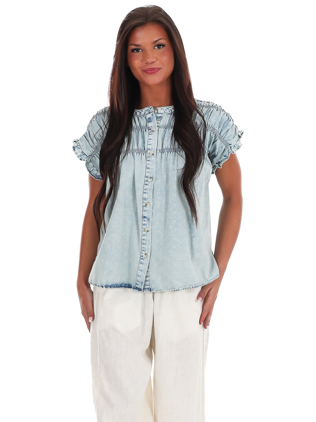 Soft Skies Ruffle Denim Top