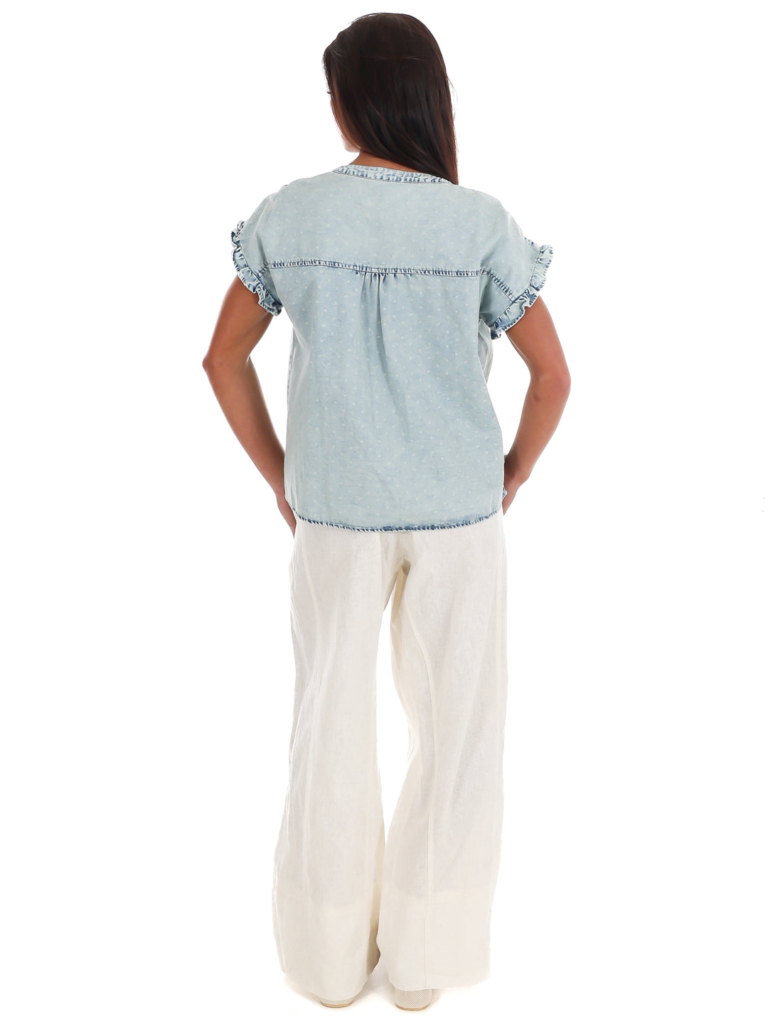 Soft Skies Ruffle Denim Top