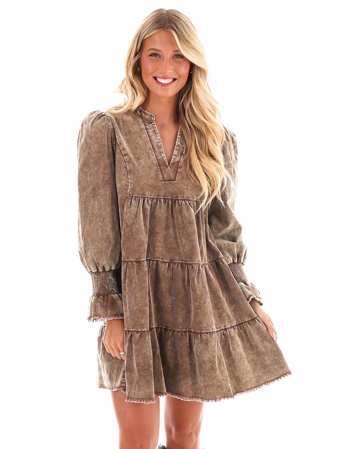 Going Out Again Corduroy V-Neck Dress